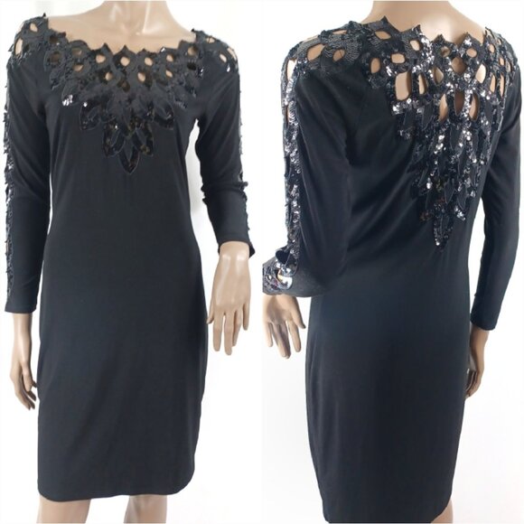 JOSEPH RIBKOFF Dress LS Party Sequin Cut Work Stretch Sheath 8 - Picture 1 of 6